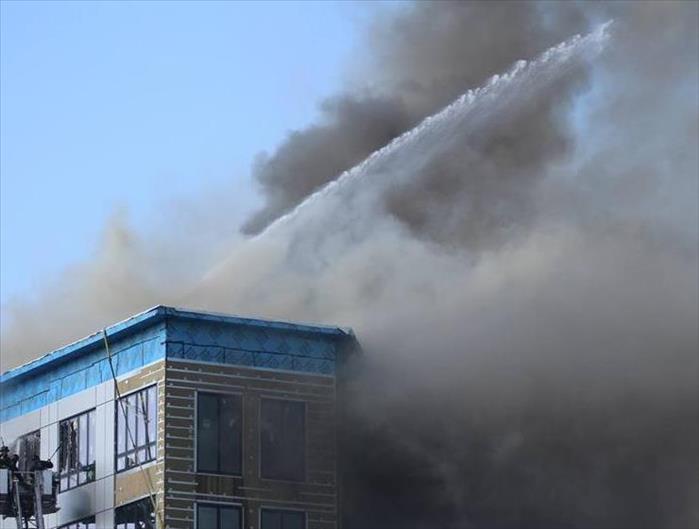 Building covered in smoke